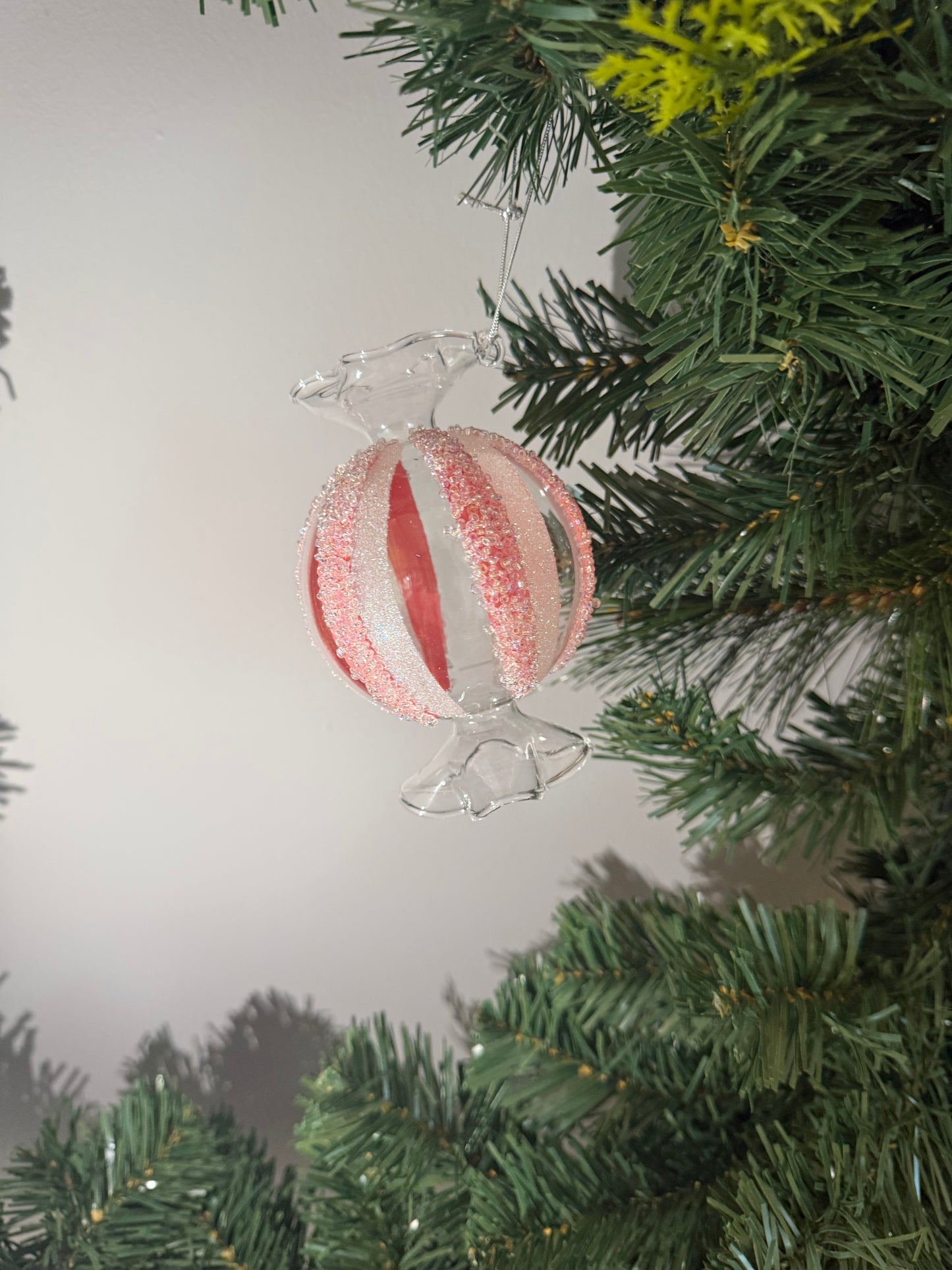 12cm Frosted Pink/White Glass Candy Bauble