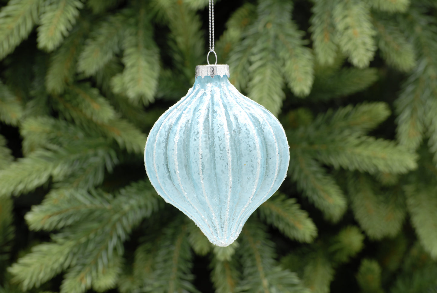 Blue and White Frosted Finish Glass Olive Ornament