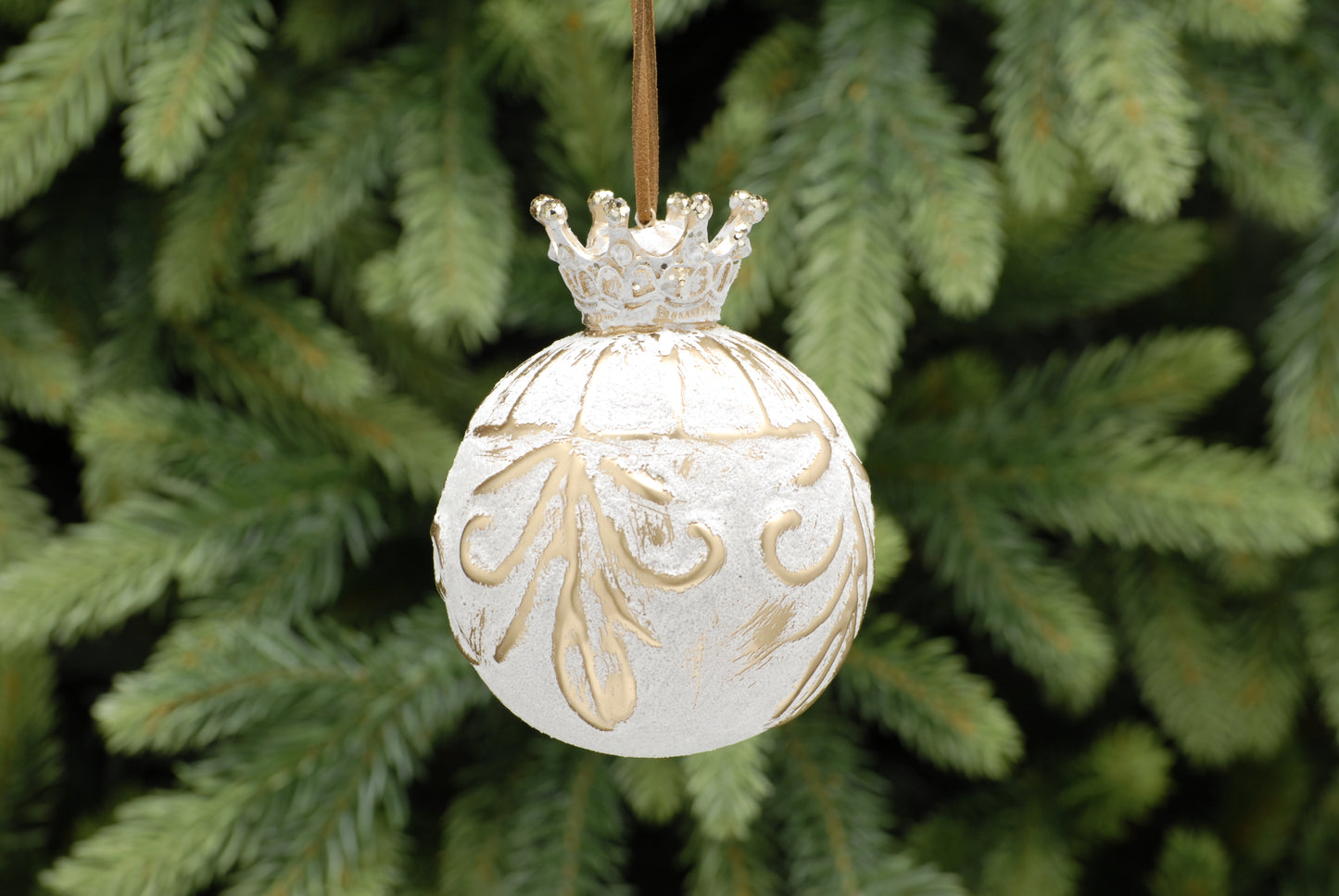 8cm Matt White with Gold Regal Glass Ball Ornament
