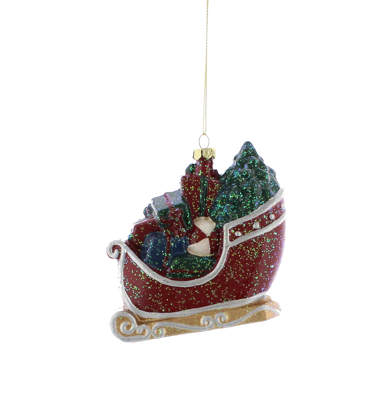 Red and Gold Frosted Sleigh with Tree Ornament