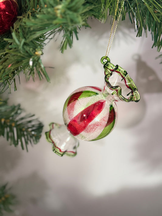 12cm Red/White and Green stripped Glass sweet Bauble