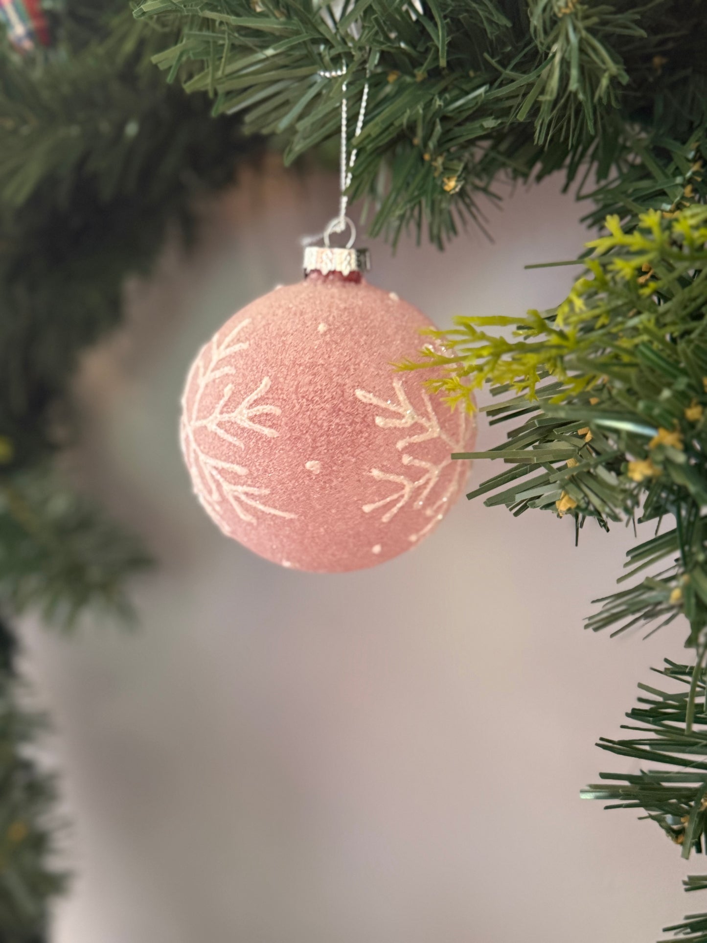 8cm Pink Frosted Glass Bauble with White Snowflake Detail