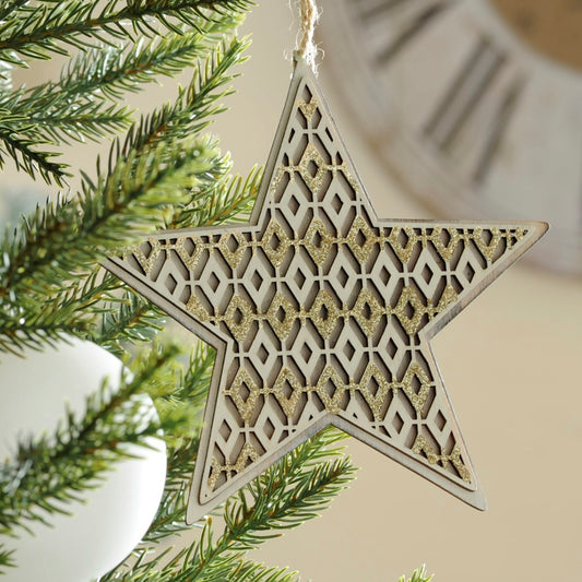 Wood flat star with white / gold geometric Ornament