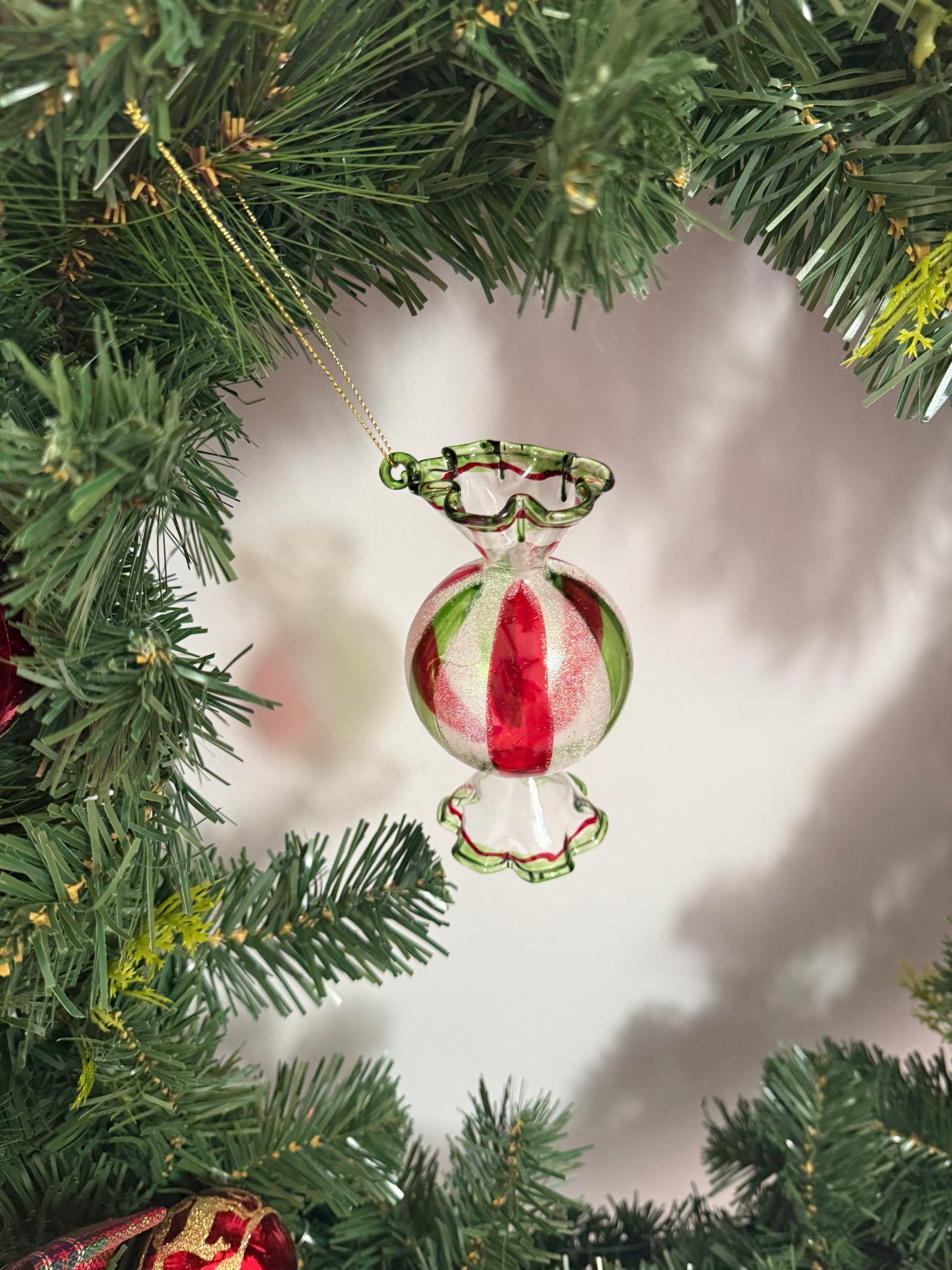 12cm Red/White and Green stripped Glass sweet Bauble