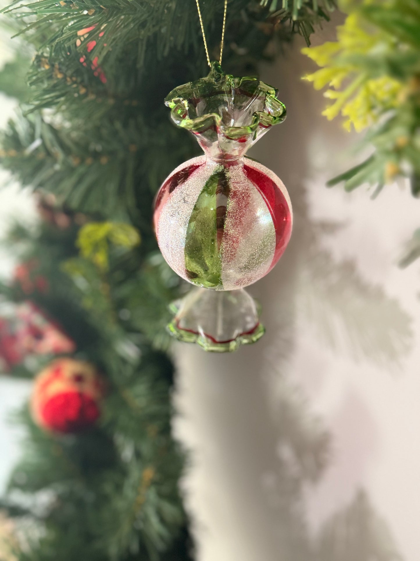 12cm Red/White and Green stripped Glass sweet Bauble