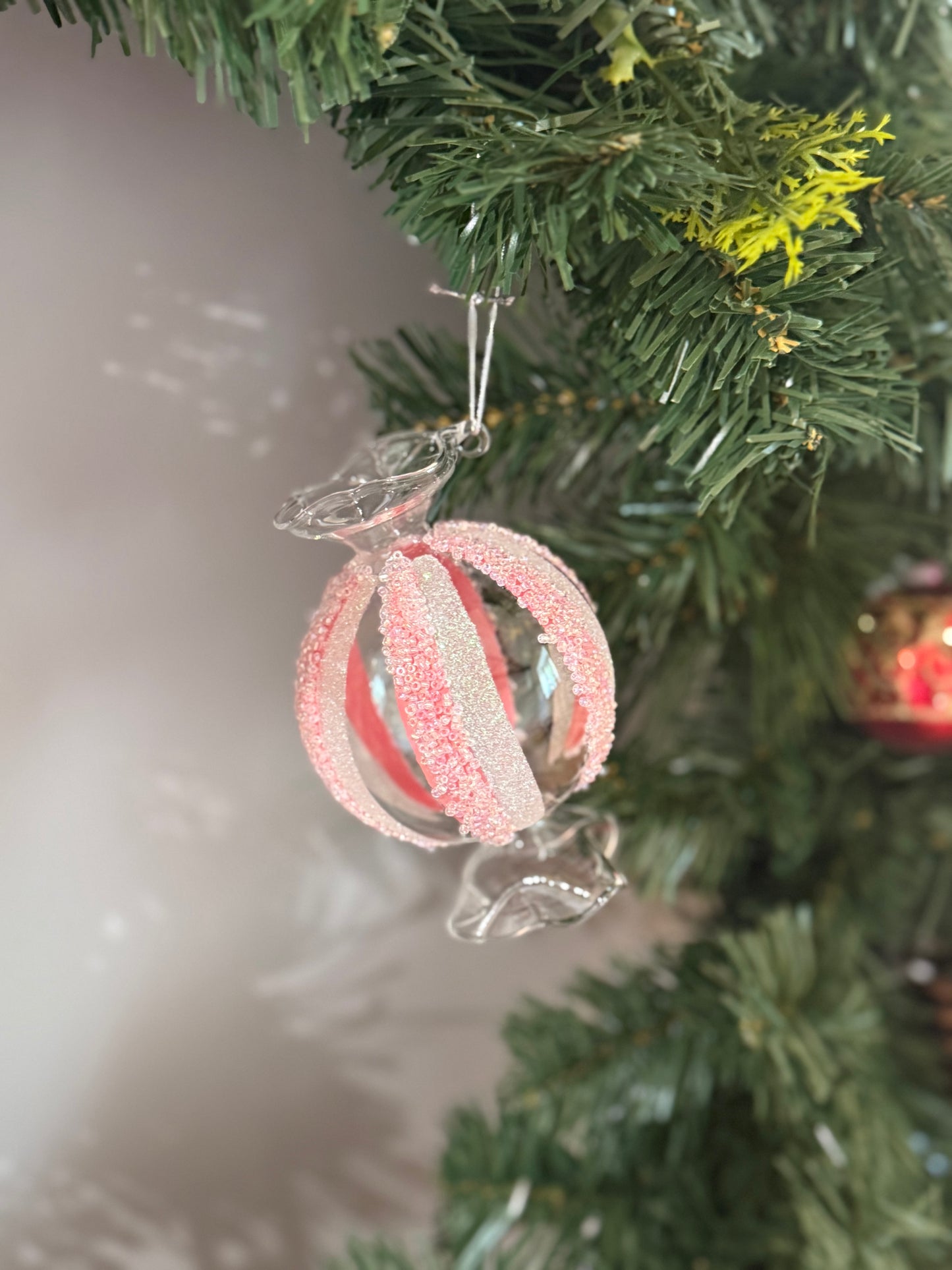 12cm Frosted Pink/White Glass Candy Bauble