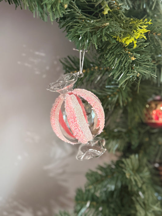 12cm Frosted Pink/White Glass Candy Bauble