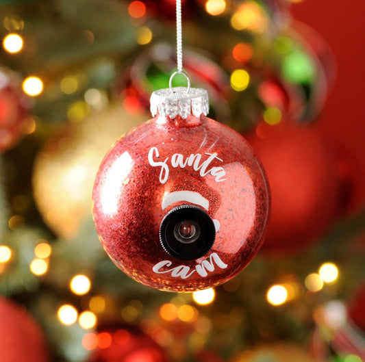 Red Glitter Shatterproof SANTA CAM Ornament