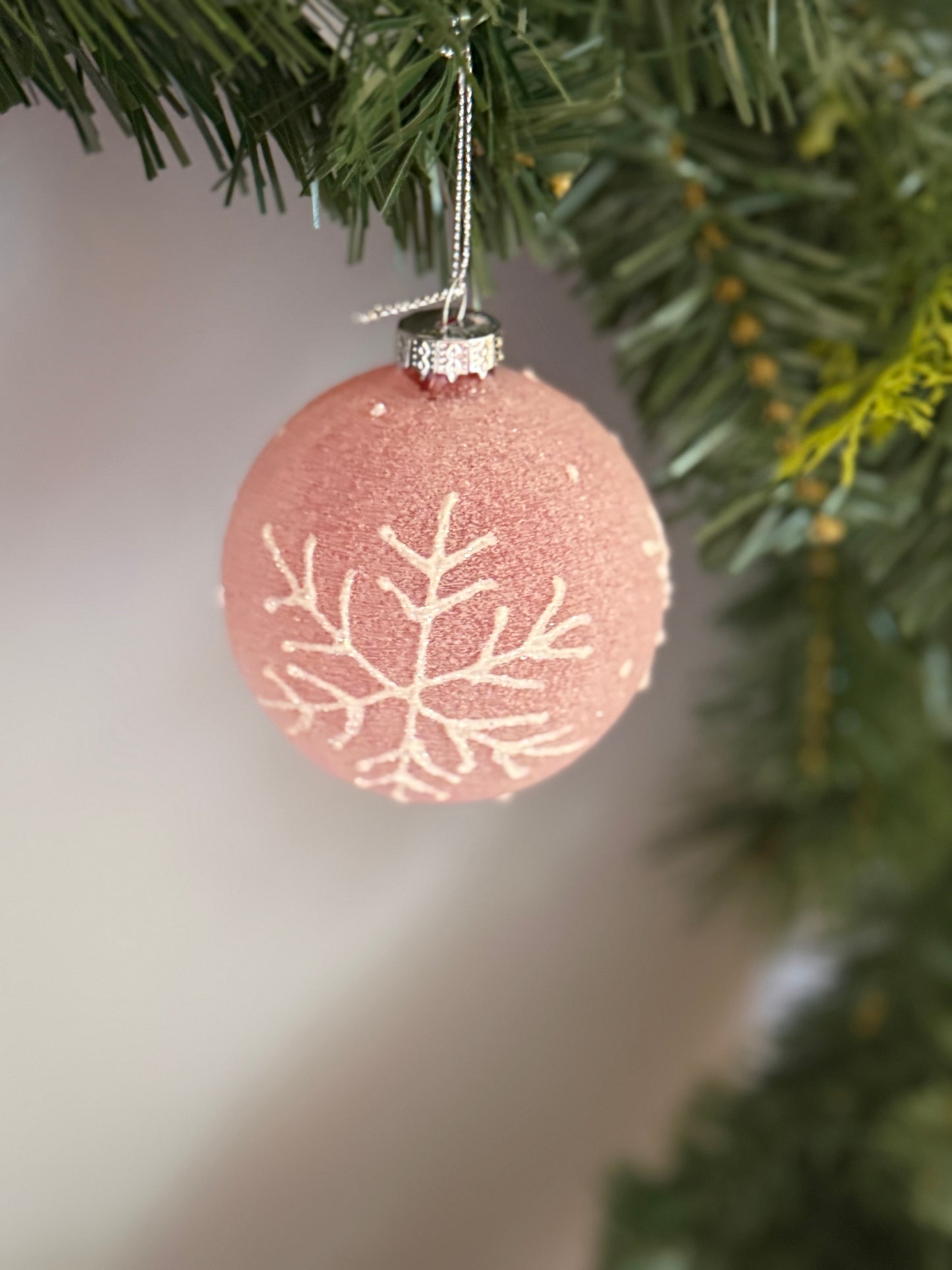 8cm Pink Frosted Glass Bauble with White Snowflake Detail