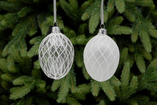 Pair Of Criss Cross Frosted Clear Egg ornament.