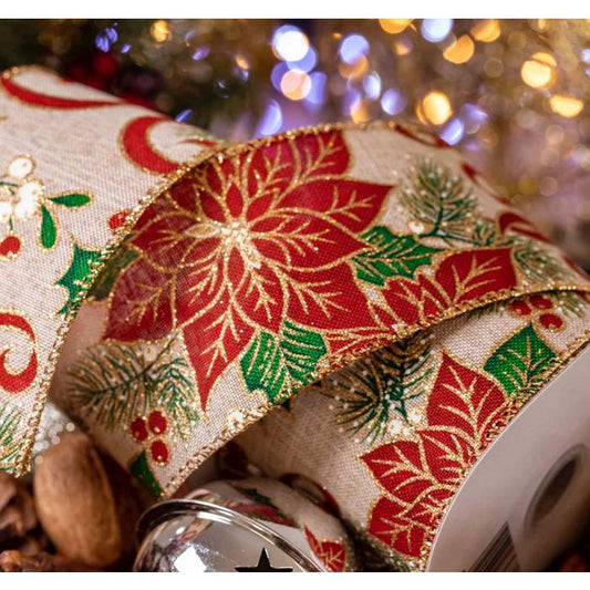 Poinsettia Design Christmas Ribbon
