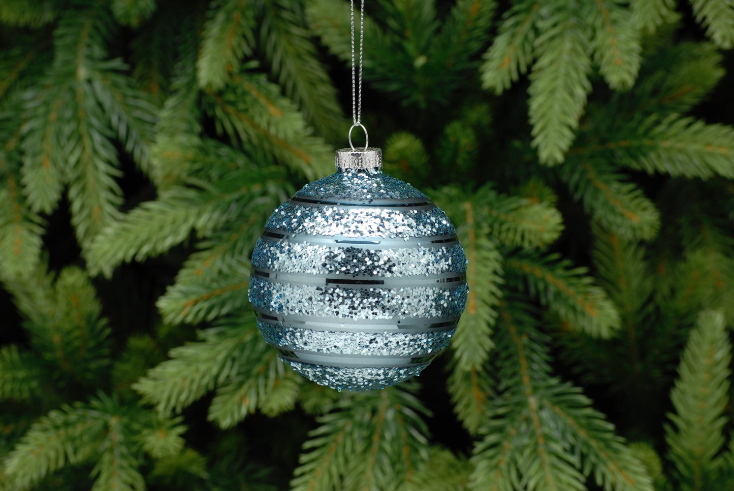 8cm Blue Glitter Band Ball Tree Ornament