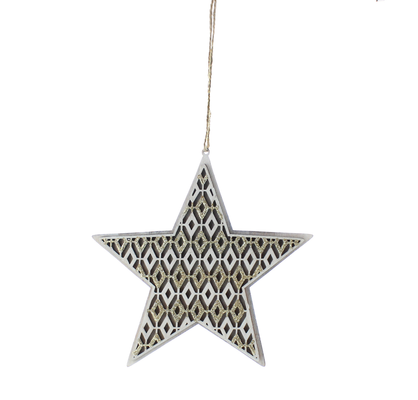 Wood flat star with white / gold geometric Ornament