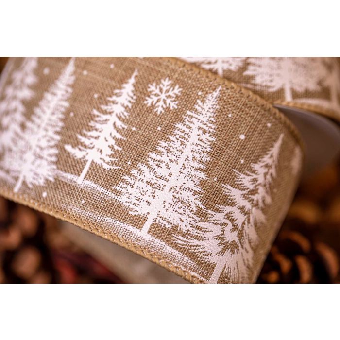 Beige Wired Edged Festive Forest Ribbon