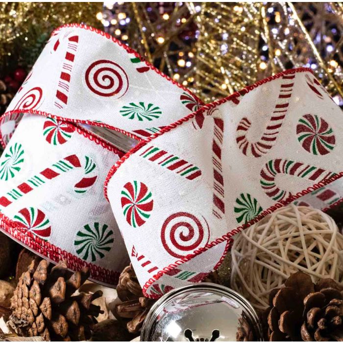 Wired Edged Candy Cane Christmas Ribbon