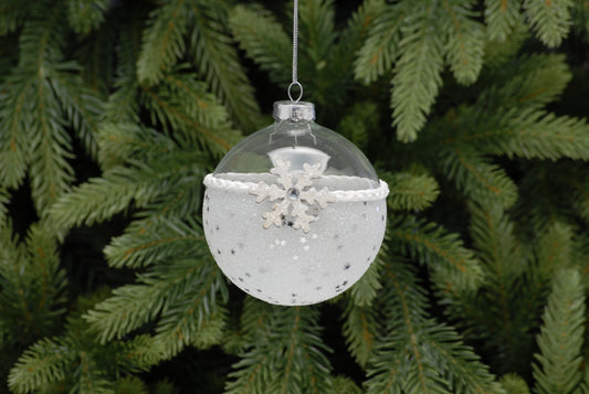 9cm Clear Glass Ball with silver Glitter and Snowflake Ornament