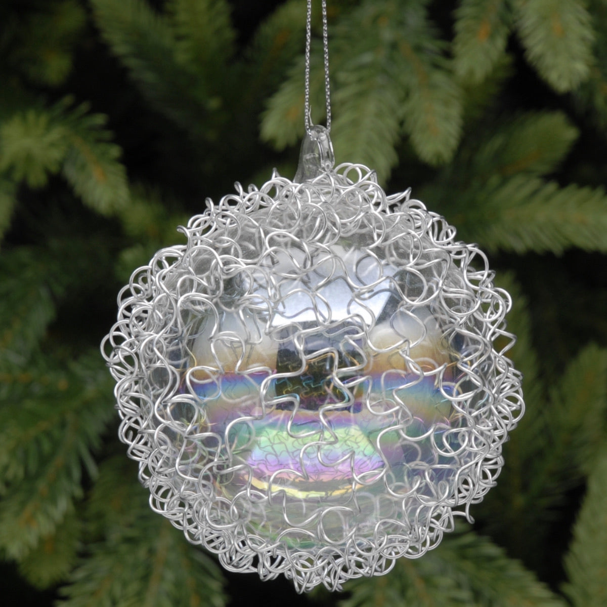 9cm iridescent glass ball with metal wire detail Ornament