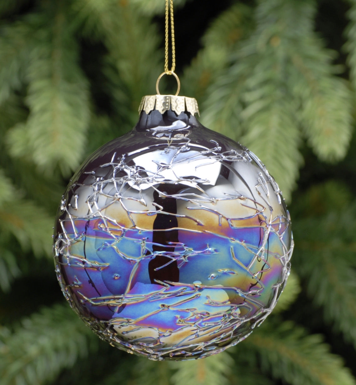 11cm Petrol Effect Crackle Finish Glass Drop Ornament